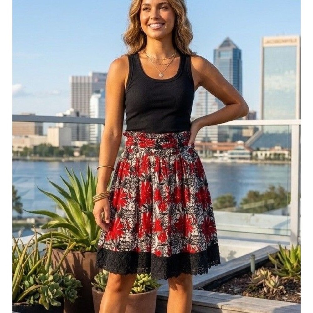 ⁠Lucky & Coco Floral Lace Trim Knee Length Skirt XL Red Black White Smocked Boho